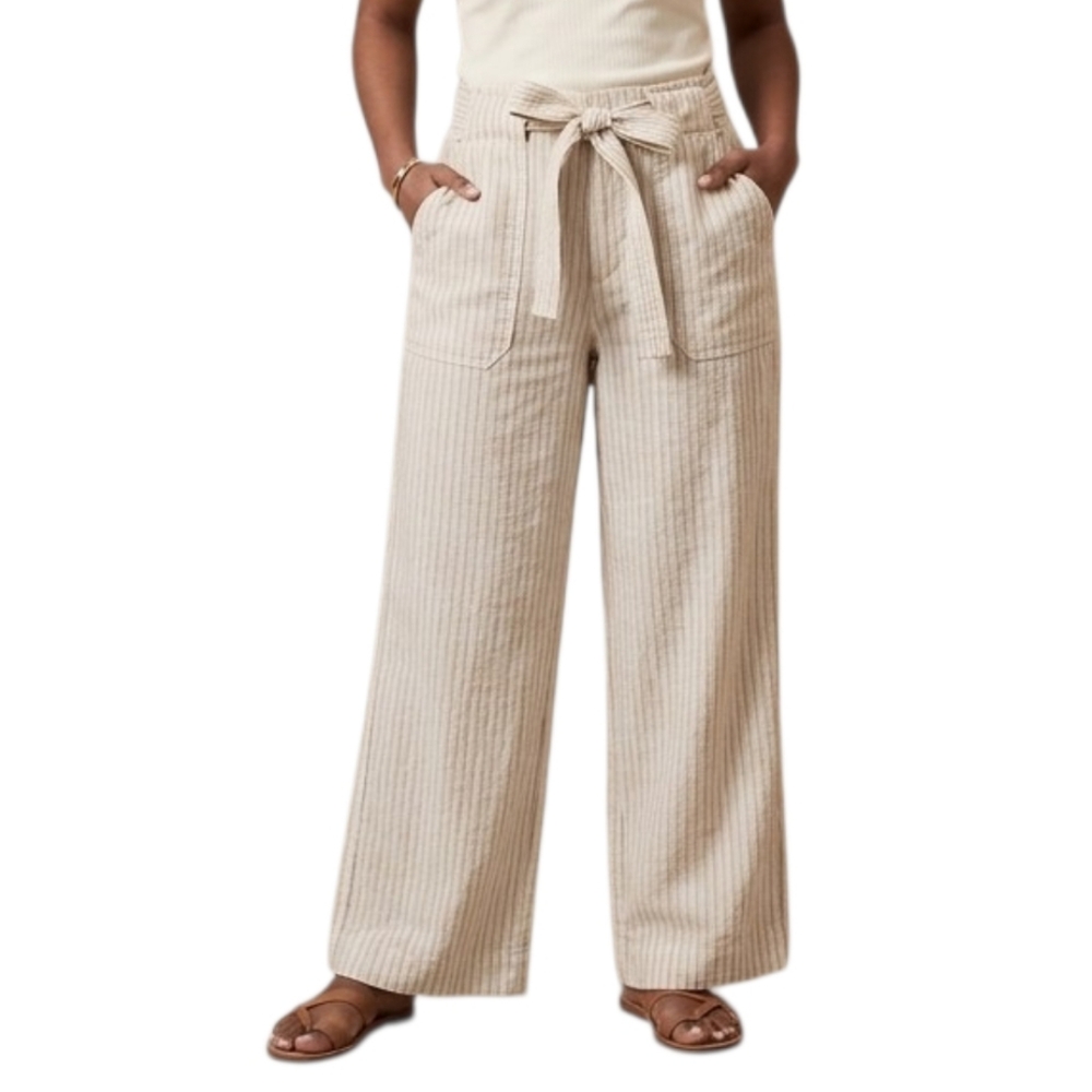 GAP Linen Pants Cotton Khaki Stripe Wide Leg Pants Tie Belt Summer Beach